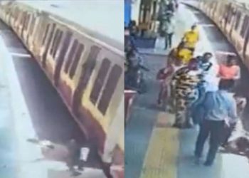 ഓടിക്കൊണ്ടിരുന്ന ട്രെയിനില് നിന്നും തെറിച്ചു വീണ് യുവാവ്: ദൈവത്തിന്റെ കരങ്ങളായി കോരിയെടുത്ത് ആര്പിഎഫ് ഉദ്യോഗസ്ഥന്, കൈയ്യടി