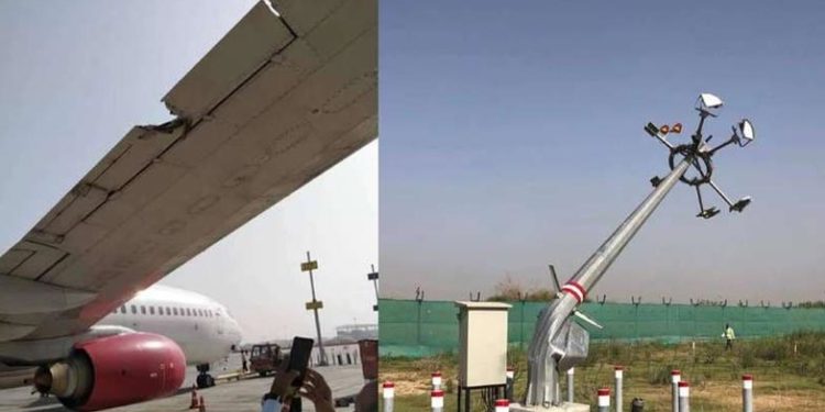 റണ്വേയിലേക്ക് മാറ്റുന്നതിനിടെ വിമാനം വൈദ്യുതി തൂണില് ഇടിച്ചു: വിമാനത്തിന്റെ ചിറകും തൂണും തകര്ന്നു