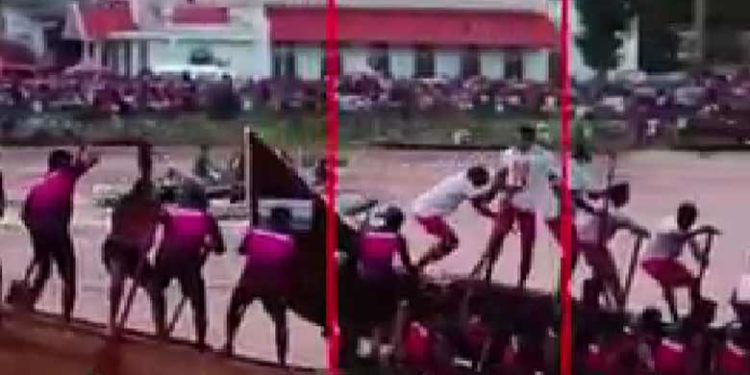 ജലോത്സവത്തിൽ പോലീസ് ടീം വിജയികളായത് ചതിയിലൂടെ എന്ന് ആരോപണം; എതിരാളികളുടെ അമരക്കാരനെ തള്ളിയിട്ട് ചുണ്ടൻ മുക്കുന്ന വീഡിയോ പുറത്ത്