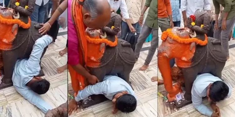 സാഹസിക പ്രാര്ഥന! ആനയുടെ പ്രതിമക്ക് കീഴിലൂടെ നൂണ്ട് ഭക്തന്; ഒടുവില് ഉള്ളില് കുടുങ്ങി, വീഡിയോ
