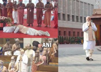 ചെങ്കോലിന് മുന്നിൽ സാഷ്ടാംഗം നമസ്‌കരിച്ച് പ്രധാനമന്ത്രി; പാർലമെന്റിൽ നിലവിളക്ക് കൊളുത്തി ഉദ്ഘാടനം; തൊഴിലാളികളെ ആദരിച്ചു