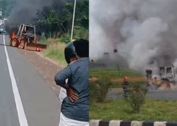 ഓടിക്കൊണ്ടിരുന്ന മണ്ണുമാന്തി യന്ത്രത്തിന് തീപിടിച്ചു, ഡ്രൈവര്‍ രക്ഷപ്പെട്ടത് തലനാരിഴയ്ക്ക്