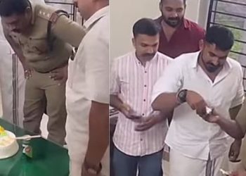പോലീസ് സ്റ്റേഷനിൽ വച്ച് ഇന്സ്പെക്ടറുടെ പിറന്നാള് കേക്ക് മുറിച്ച് യൂത്ത് കോണ്ഗ്രസ് നേതാക്കള്, വിവാദം