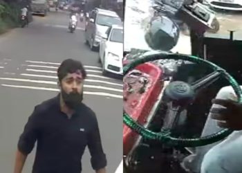 ഹെല്മറ്റ് കൊണ്ട് ചില്ല് അടിച്ചു തകര്ത്തു, സ്വകാര്യ ബസിനു നേരെ സ്കൂട്ടര് യാത്രികന്റെ ആക്രമണം