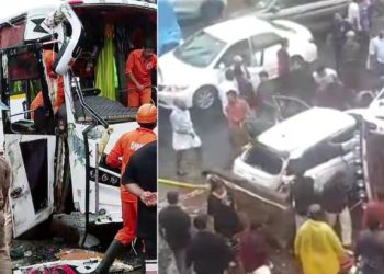 വിവാഹ പാർട്ടി സഞ്ചരിച്ച ടൂറിസ്റ്റ് ബസ്സ് കാറിൽ ഇടിച്ച് മറിഞ്ഞു, നിരവധി പേർക്ക് പരിക്ക്, ബസ് അമിത വേഗത്തിലായിരുന്നുവെന്ന് നാട്ടുകാർ