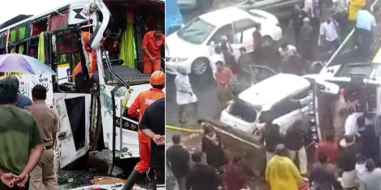 വിവാഹ പാർട്ടി സഞ്ചരിച്ച ടൂറിസ്റ്റ് ബസ്സ് കാറിൽ ഇടിച്ച് മറിഞ്ഞു, നിരവധി പേർക്ക് പരിക്ക്, ബസ് അമിത വേഗത്തിലായിരുന്നുവെന്ന് നാട്ടുകാർ
