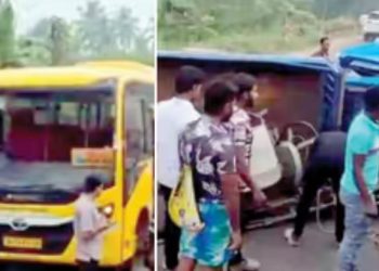 പിക്കപ്പ് ലോറി പെട്ടെന്ന് ബ്രേക്കിട്ടു, സ്കൂൾ ബസ് പിന്നിൽ ഇടിച്ചുകയറി അപകടം, ആറുപേർക്ക് പരിക്കേറ്റു