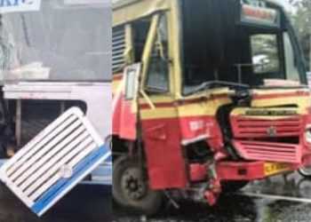 കെഎസ്ആർടിസി ബസുകൾ തമ്മിൽ കൂട്ടിയിടിച്ച് അപകടം, ഡ്രൈവർക്കും രണ്ട് യാത്രക്കാർക്കും പരിക്കേറ്റു