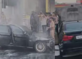 ഓടിക്കൊണ്ടിരുന്ന ബിഎംഡബ്ല്യു കാറിൽ തീപിടിച്ചു, കുടുംബം രക്ഷപ്പെട്ടത് തലനാരിഴയ്ക്ക്