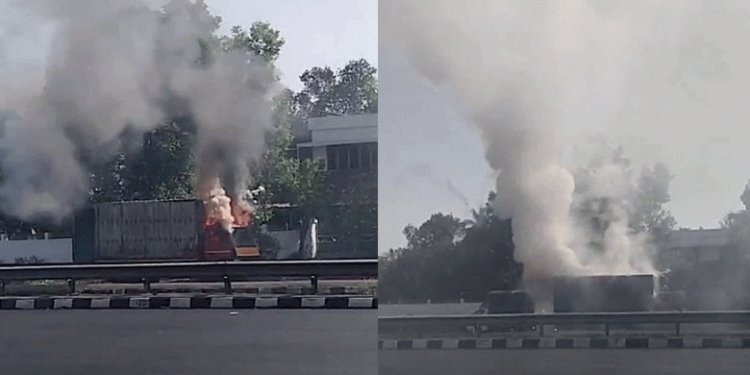 ഓണ്‍ലൈനില്‍ പടക്കം ഓര്‍ഡര്‍ ചെയ്തു, പടക്കമെന്നറിയാതെ പാഴ്‌സലുമായി സഞ്ചരിച്ച ലോറി കത്തിയമര്‍ന്നു; സംഭവം തൃശൂരില്‍